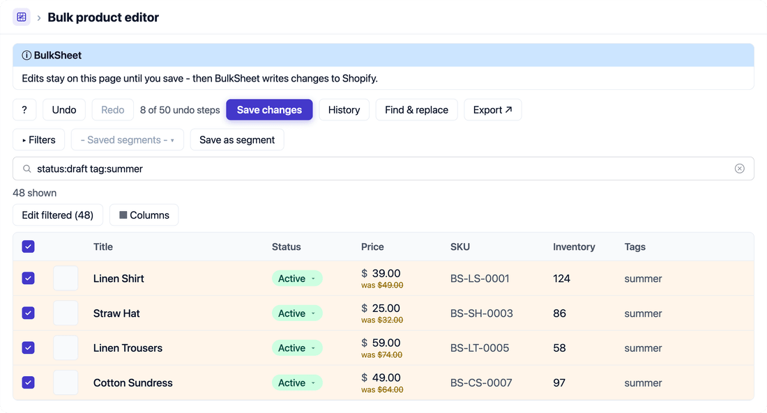 BulkSheet grid with four price edits highlighted before saving