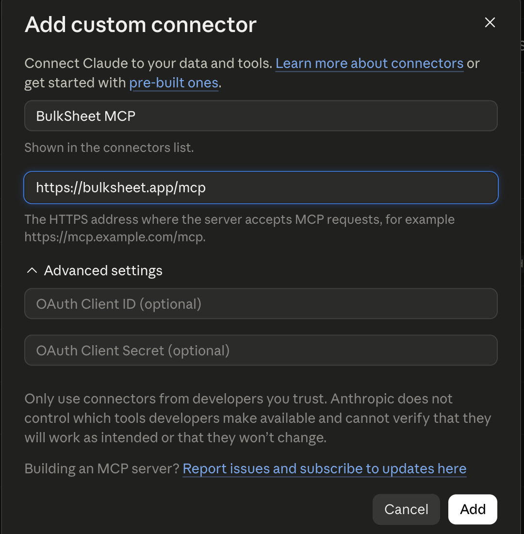 Claude Desktop's Add custom connector dialog, with the name field set to BulkSheet MCP and the server URL set to https://bulksheet.app/mcp