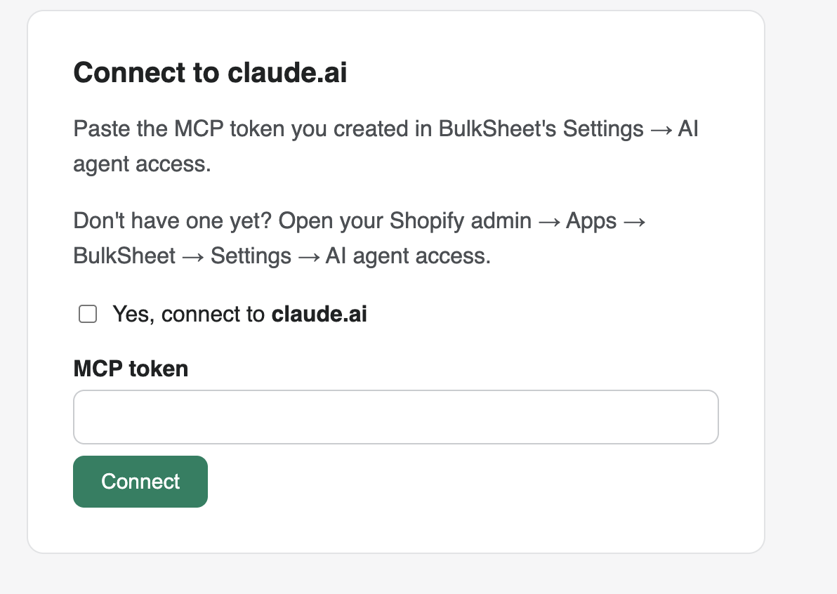 BulkSheet's Connect to claude.ai page, showing a checkbox to confirm the connection and a password field for the MCP token