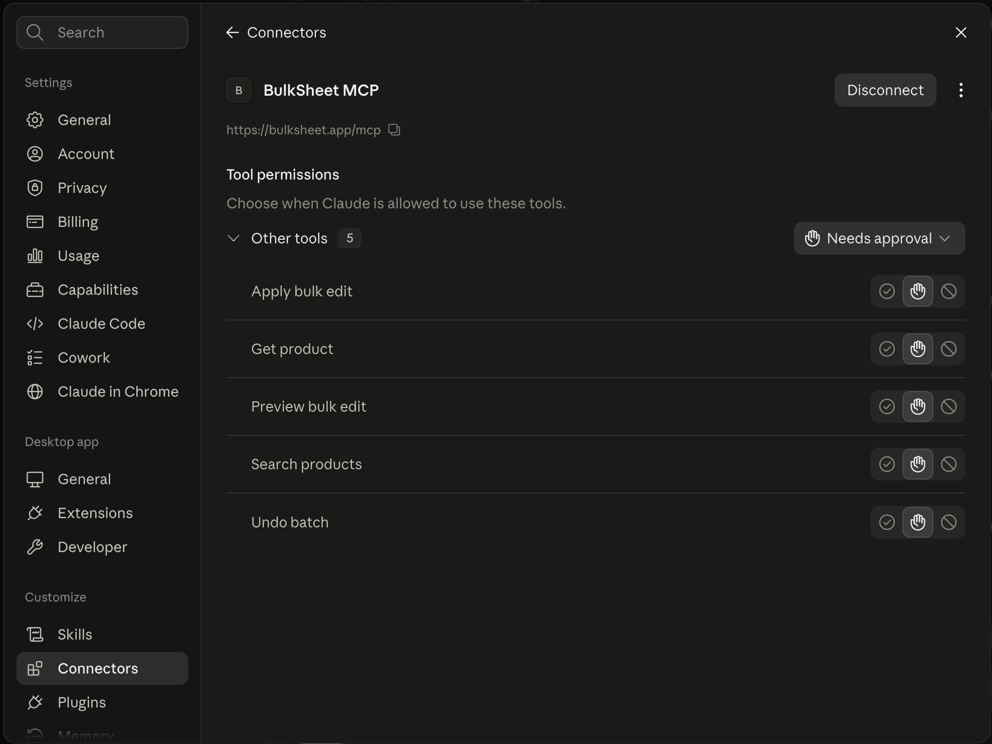 Claude Desktop's BulkSheet MCP connector settings, showing five tools - Apply bulk edit, Get product, Preview bulk edit, Search products, Undo batch - each set to Needs approval