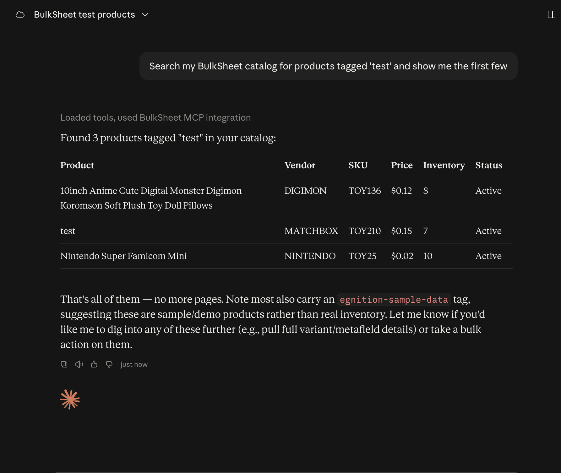 Claude Desktop response showing a table of three products found by searching for the tag 'test', with vendor, SKU, price, inventory, and status columns