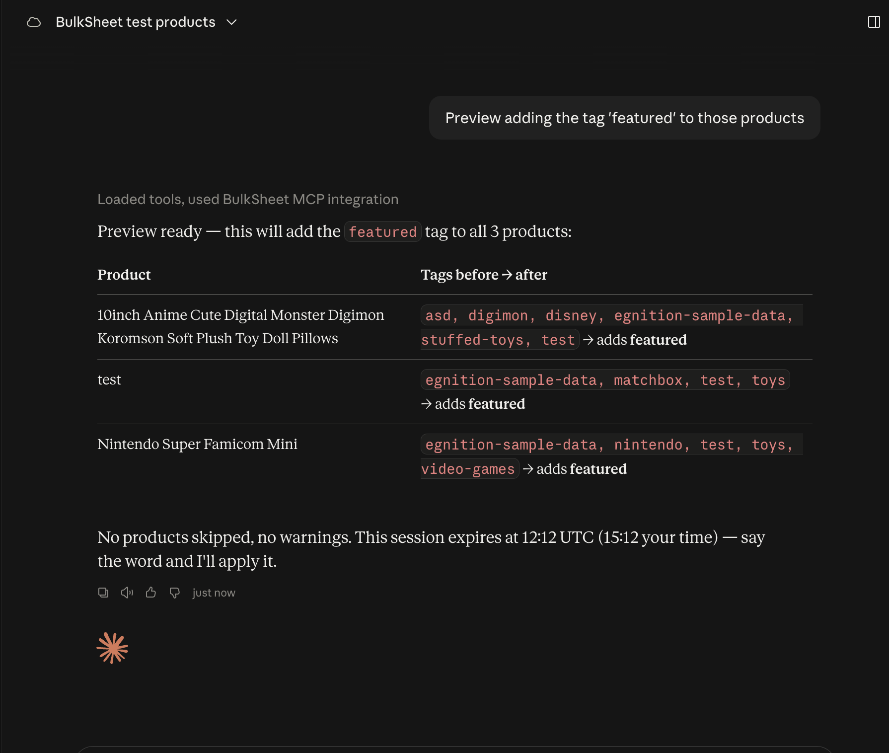 Claude Desktop preview response showing a before/after tags table for three products, all gaining a new 'featured' tag, with no products skipped