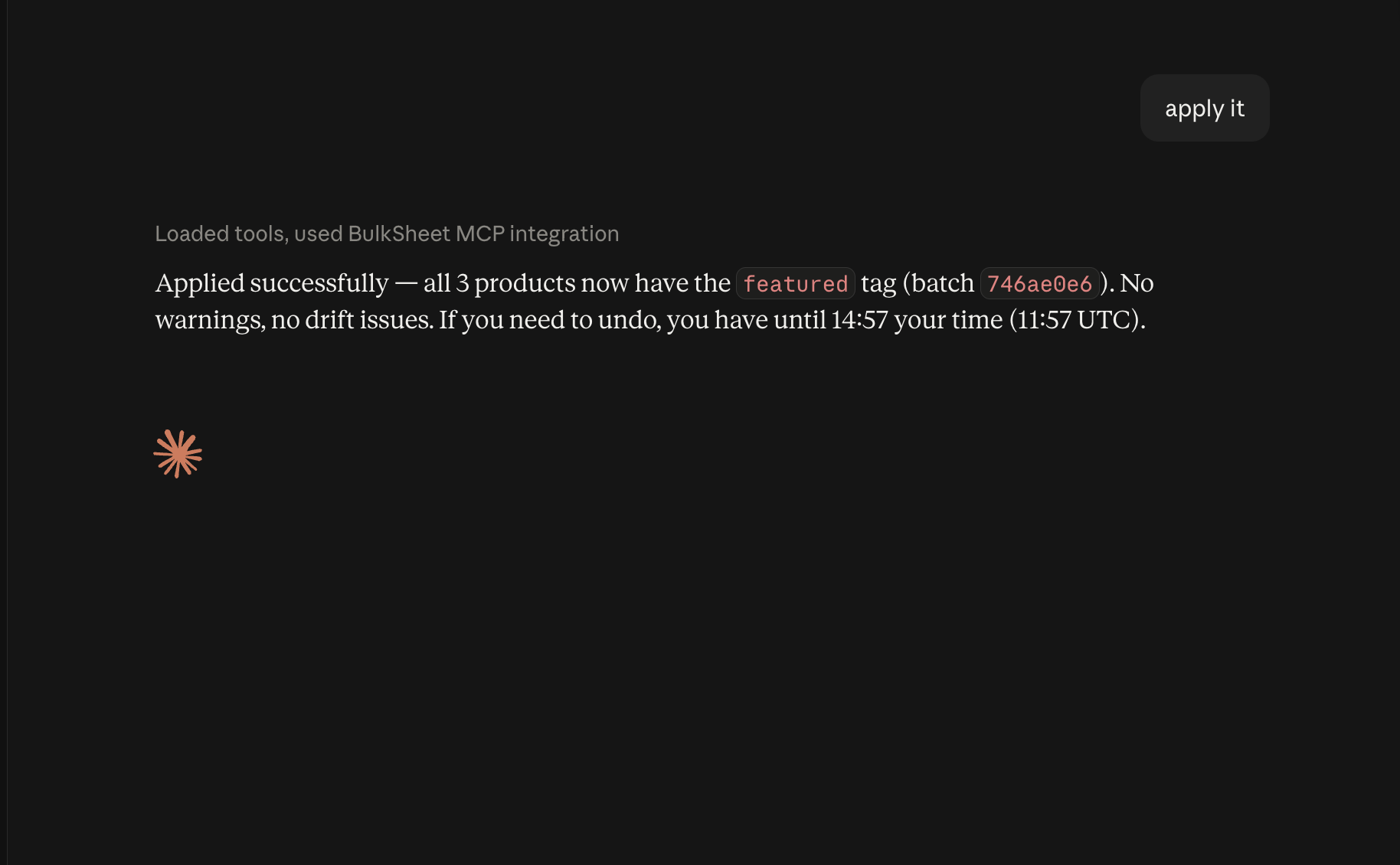 Claude Desktop response confirming the featured tag was applied successfully to all three products, with a batch ID and a note that undo is available for the next 15 minutes