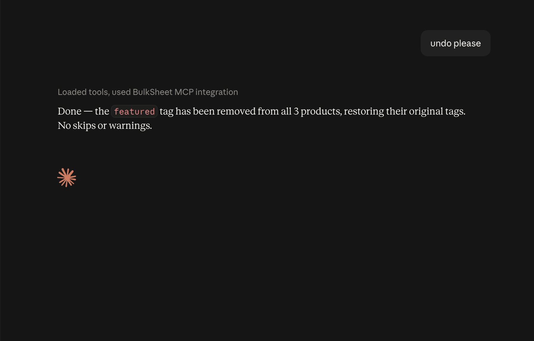 Claude Desktop response confirming the featured tag was removed from all three products, restoring their original tags, with no skips or warnings
